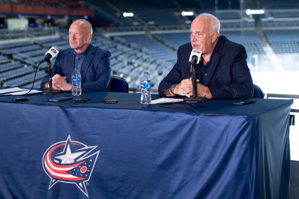 Sep 18, 2023; Columbus, Ohio, USA; General manager Jarmo Kekalainen and team president John Davidson talk about Mike Babcock’s resignation and the hiring of new head coach Pascal Vincent during the Columbus Blue Jackets media day prior to the start of training camp at Nationwide Arena.