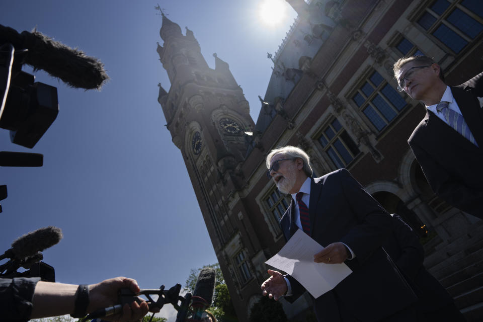 Ecuador's ambassador Andres Teran Parral gives a statement outside the International Court of Justice, or World Court, in The Hague, Netherlands, Thursday, May 23, 2024, where Mexico took Ecuador to the United Nations' top court accusing the nation of violating international law by storming into the Mexican embassy in Quito on April 5, and arresting former Ecuador Vice President Jorge Glas, who had been holed up there seeking asylum in Mexico. (AP Photo/Peter Dejong)