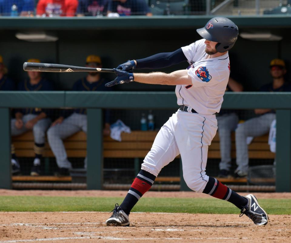 Jumbo Shrimp left fielder Brian Miller swings at a pitch. Among Jumbo Shrimp players with 200 or more at-bats, Miller is among only four hitting .265 or higher.