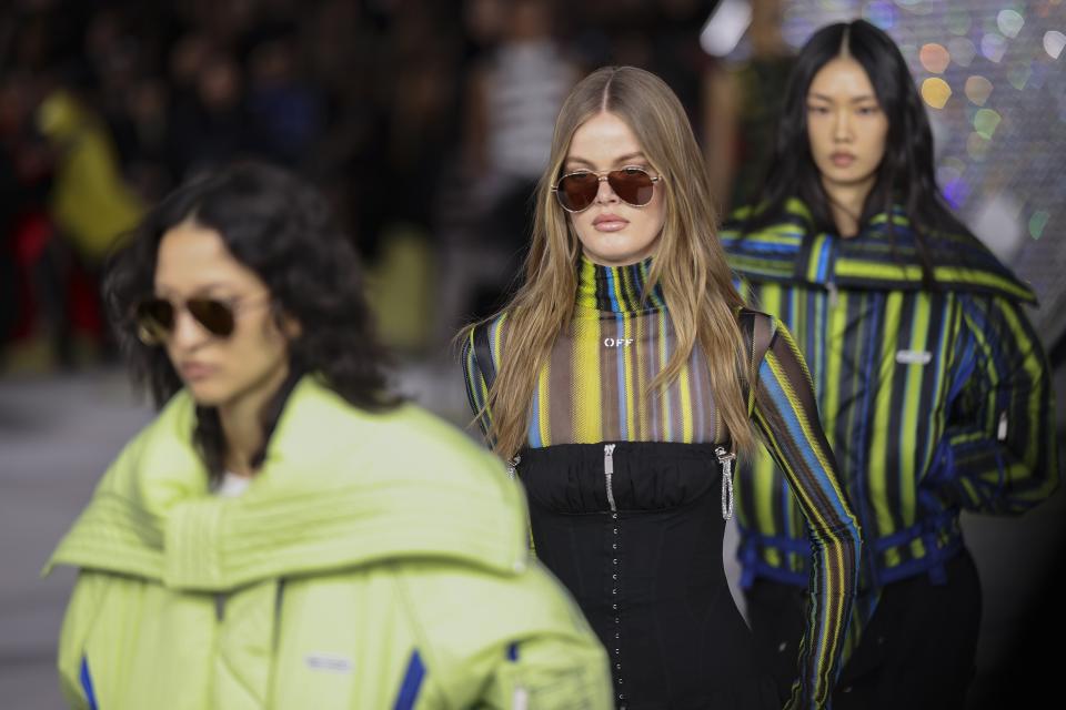 Models wear creations as part of the Off-White Fall/Winter 2024-2025 ready-to-wear collection presented Thursday, Feb. 29, 2024 in Paris. (Photo by Vianney Le Caer/Invision/AP)