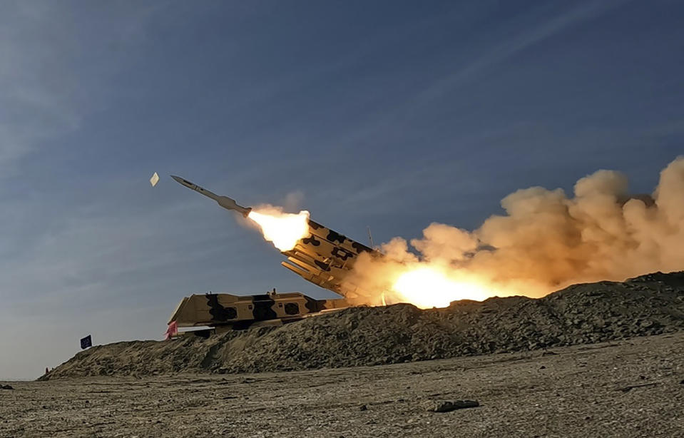 FILE - In this photo released by the Iranian Army on Friday, Jan. 19, 2024, a missile is launched during a military drill in southern Iran. (Iranian Army via AP, File)