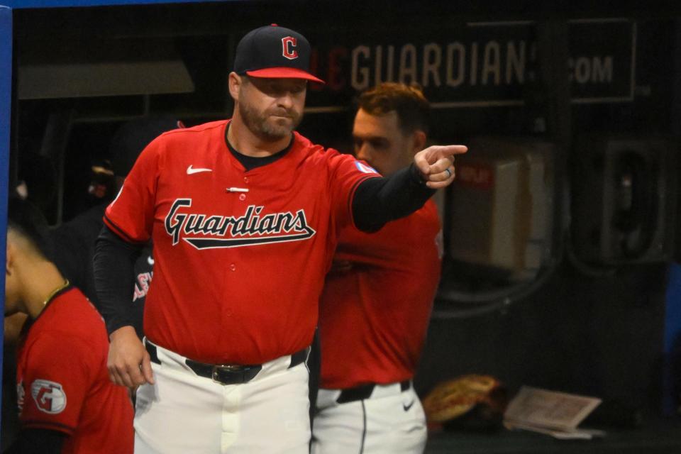 Sep 25, 2024; Cleveland, Ohio, USA; Cleveland Guardians manager Stephen Vogt (12) reacts in the eighth inning against the Cincinnati Reds at Progressive Field. Mandatory Credit: David Richard-Imagn Images