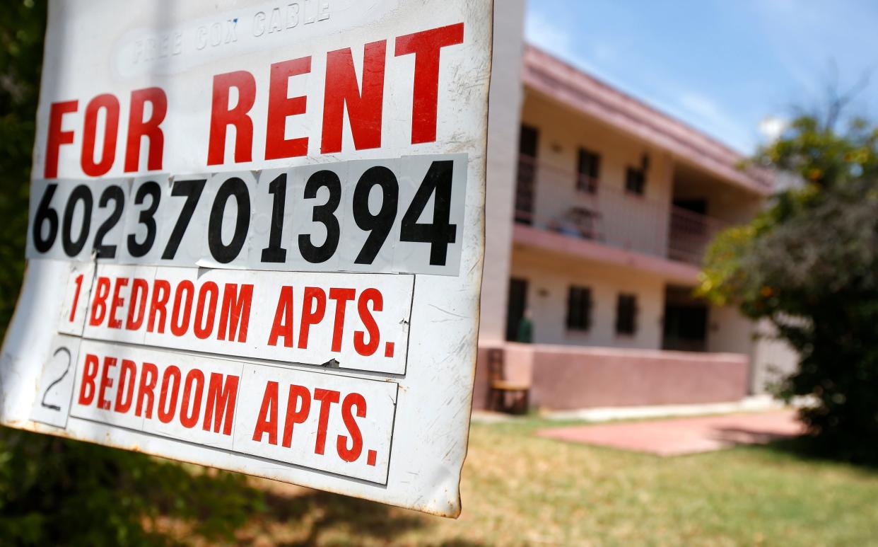 A rental sign is posted in front of an apartment complex Tuesday, July 14, 2020, in Phoenix. Housing advocacy groups have joined lawmakers lobbying Arizona Gov. Doug Ducey to extend his coronavirus-era moratorium on evictions when it expires, when the 120-day order ending July 22 was supposed to ensure people would not lose their homes if they fell ill to COVID-19 or lost jobs in the pandemic's economic fallout. (AP Photo/Ross D. Franklin)