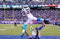 Dec 20, 2015; East Rutherford, NJ, USA; Carolina Panthers defensive back Charles Tillman (31) intercepts a pass intended for New York Giants wide receiver Hakeem Nicks (88) after Nicks falls down during the fourth quarter at MetLife Stadium. Mandatory Credit: Brad Penner-USA TODAY Sports