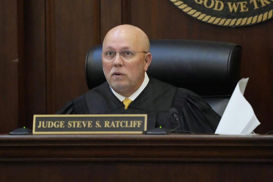 Rankin County Circuit Judge Steve Ratcliff speaks during the state sentencing of six former Mississippi law enforcement officers for their 2023 racially motivated torture of two Black men, Eddie Terrell Parker and Michael Corey Jenkins, Wednesday, April 10, 2024, in Brandon, Miss. Time served for the state convictions will run concurrently with the federal sentences, and the men will serve their time in federal penitentiaries. (AP Photo/Rogelio V. Solis)