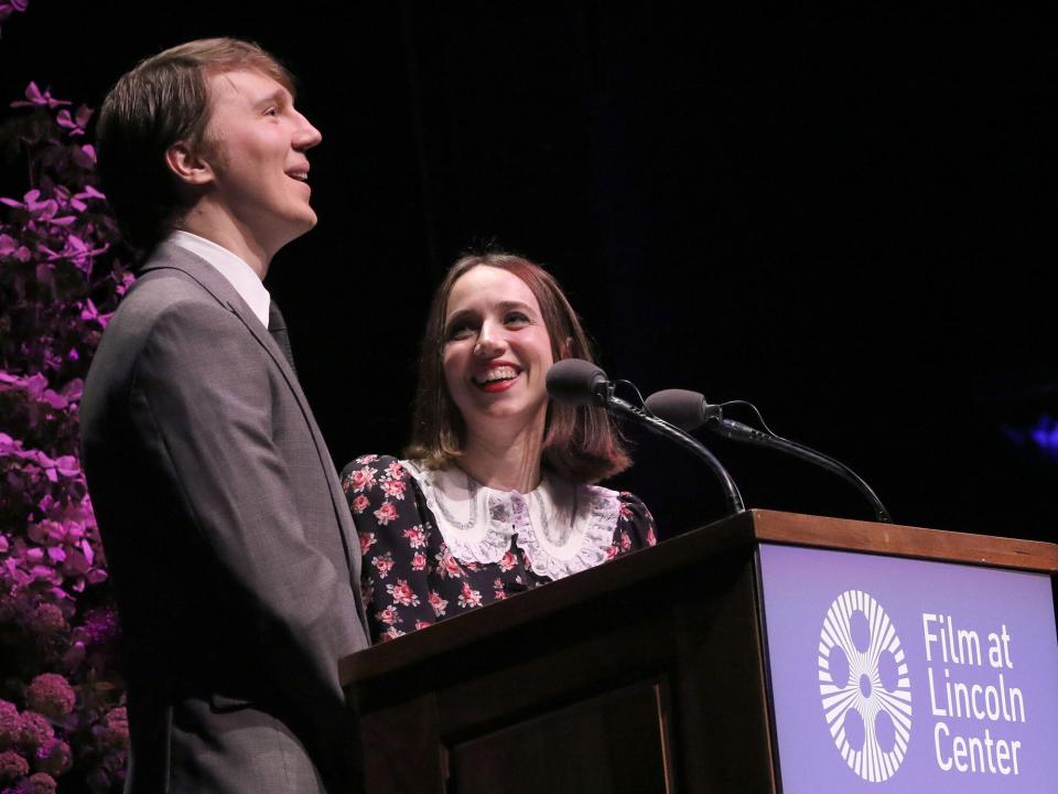 Paul Dano and actor/writer Zoe Kazan speak onstage at the Film Society Of Lincoln Center's 50th Anniversary Gala at Alice Tully Hall, Lincoln Center on April 29, 2019 in New York City