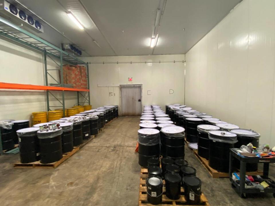 Rows of barrels are lined up inside a refrigerated South Florida warehouse. The barrels contain samples from the 2010 BP Deepwater Horizon oil spill. 