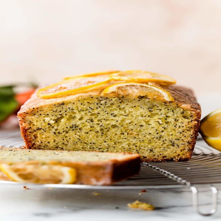 A loaf of lemon poppy seed bread.