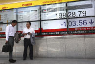 <p>A man uses a mobile phone in front of an electronic stock indicator of a securities firm in Tokyo, Wednesday, July 5, 2017. Asian shares were muted Wednesday as the geopolitical fallout from North Korea’s long-range missile launch weighed on investor sentiment amid trading thinned by the U.S. Independence Day holiday. (Photo: Shizuo Kambayashi/AP) </p>