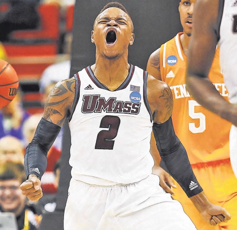 Plainfield’s Derrick Gordon of the Massachusetts Minutemen reacts during a game against the Tennessee Volunteers in the second round of the 2014 NCAA Men’s Basketball Tournament on Friday, March 21, 2014 at PNC Arena in Raleigh, N.C.