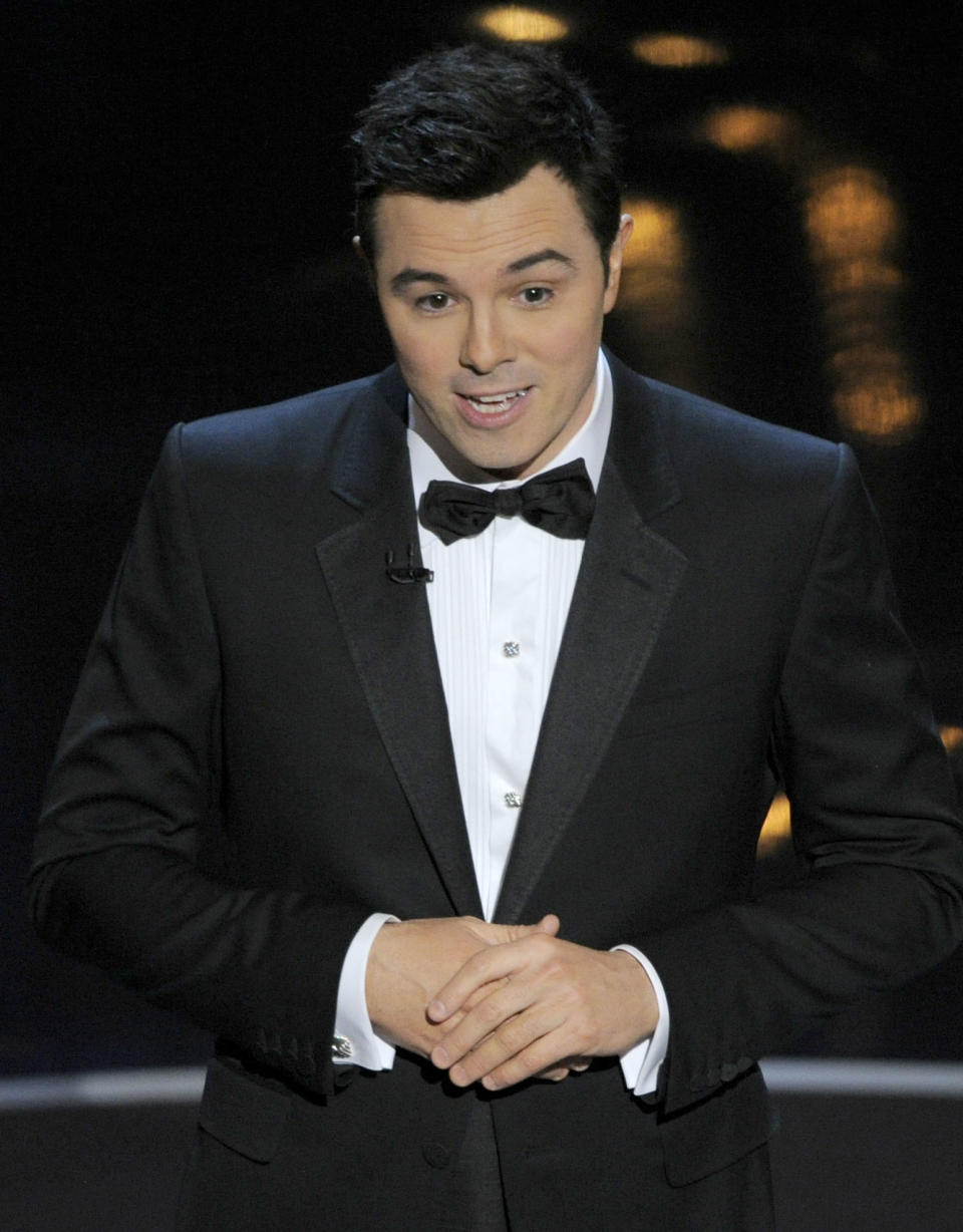 Host Seth MacFarlane speaks onstage during the Oscars at the Dolby Theatre on Sunday Feb. 24, 2013, in Los Angeles. (Photo by Chris Pizzello/Invision/AP)