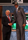 NEWARK, NJ - JUNE 28: John Henson (R) of the North Carolina Tar Heels greets NBA Commissioner David Stern (L) after he was selected number fourteen overall by the Milwaukee Bucks during the first round of the 2012 NBA Draft at Prudential Center on June 28, 2012 in Newark, New Jersey. NOTE TO USER: User expressly acknowledges and agrees that, by downloading and/or using this Photograph, user is consenting to the terms and conditions of the Getty Images License Agreement. (Photo by Elsa/Getty Images)