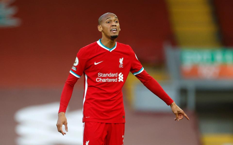 Fabinho of Liverpool reacts during the Premier League match between Liverpool and Leeds United at Anfield on September 12, 2020 in Liverpool, England - Getty Images