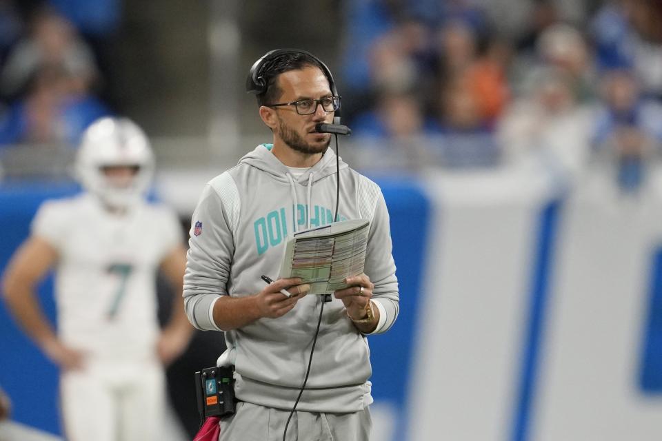 Miami Dolphins head coach Mike McDaniel watches from the sideline during the first half of an NFL football game against the Detroit Lions, Sunday, Oct. 30, 2022, in Detroit. (AP Photo/Paul Sancya)