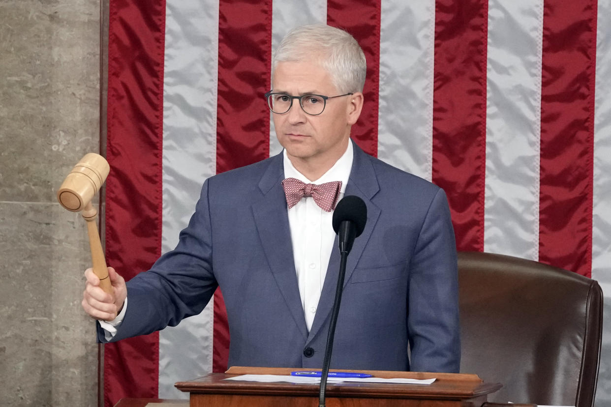 Temporary House speaker Rep. Patrick McHenry, R-N.C., gavels the House into session as as Republicans try for a second day and on the second ballot, to elect Rep. Jim Jordan, R-Ohio, a top Donald Trump ally, to be the new House speaker, at the Capitol in Washington, Wednesday, Oct. 18, 2023. (AP Photo/Alex Brandon)