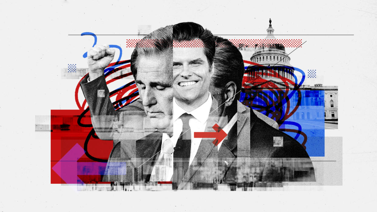  Illustration of Kevin McCarthy, Matt Gaetz amid chaotic shapes. 