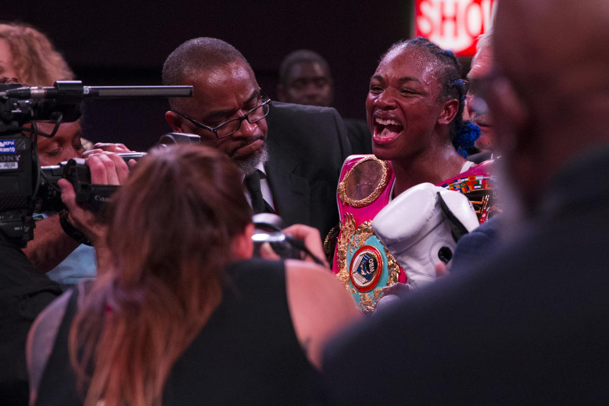 ATLANTIC CITY, NJ - APRIL 13: Claressa Shields reacts after defeating Christina Hammer (not pictured) and becoming the women's undisputed middleweight champion at Atlantic City Boardwalk Hall on April 13, 2019 in Atlantic City, New Jersey. (Photo by Mitchell Leff/Getty Images)