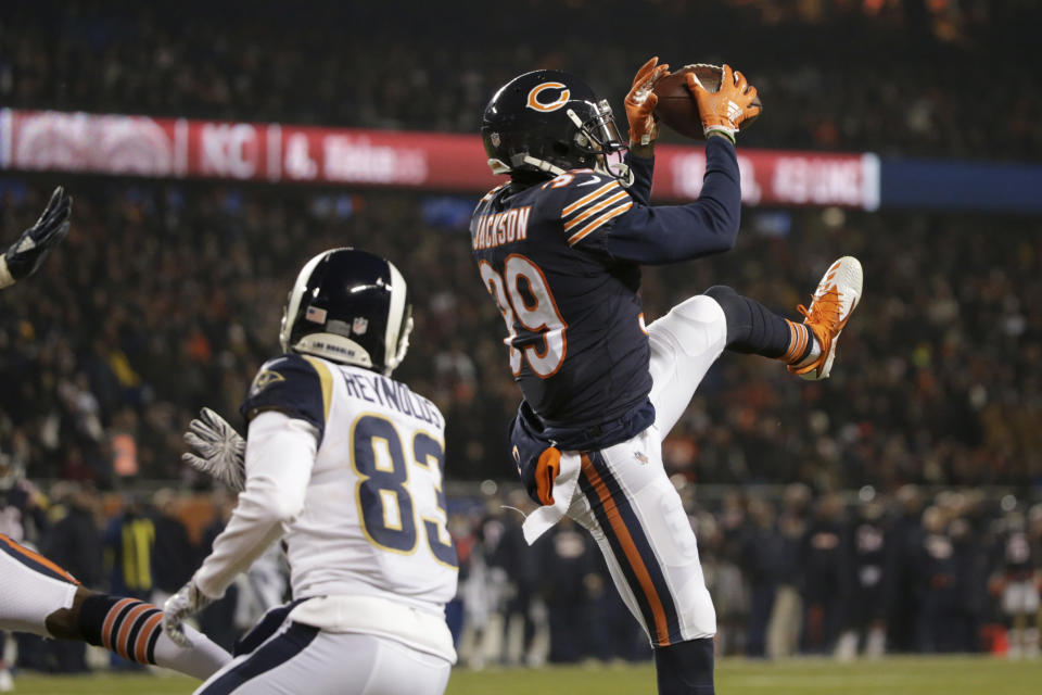 Chicago Bears safety Eddie Jackson (39) intercepts a pass intended for Los Angeles Rams wide receiver Josh Reynolds (83) during the first half of an NFL football game Sunday, Dec. 9, 2018, in Chicago. (AP Photo/David Banks)