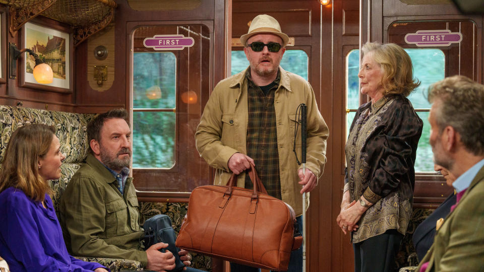 Lucy, Lee, Martin, Wendy, Geoffrey (L-R) in a vintage train carriage in Not Going Out