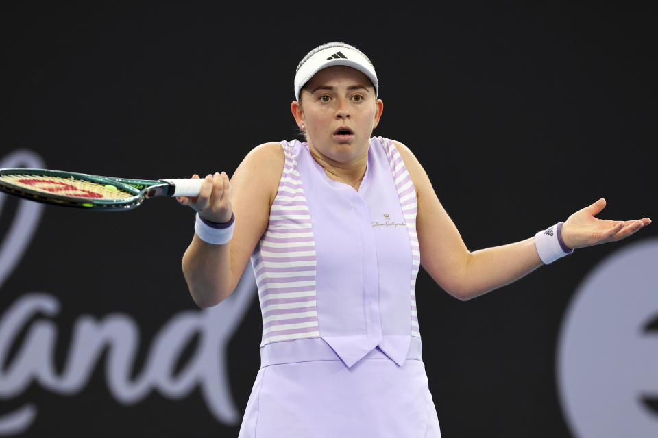 Jelena Ostapenko of Latvia reacts after missing a shot in her quarter-final match against Victoria Azarenka of Belarus during the Brisbane International tennis tournament in Brisbane, Australia, Friday, Jan. 5, 2024. (AP Photo/Tertius Pickard)