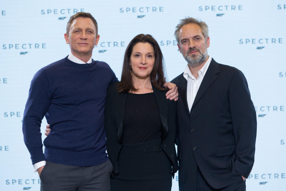 Daniel Craig, producer Barbara Broccoli, and director Sam Mendes at the 2014 launch of 'Spectre' (Sony Pictures)