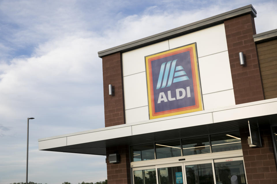 A logo sign outside of a Aldi retail grocery store location in Hagerstown, Maryland on May 29, 2020. (Photo by Kristoffer Tripplaar/Sipa USA)