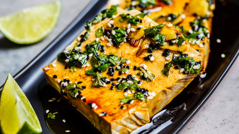 Marinated tofu on a plate