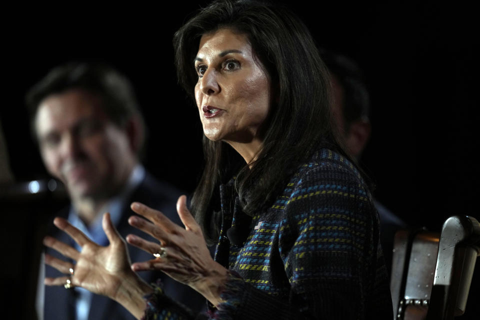 Republican presidential candidate former U.N. Ambassador Nikki Haley speaks during the Family Leader's Thanksgiving Family Forum, Friday, Nov. 17, 2023, in Des Moines, Iowa. / Credit: Charlie Neibergall / AP