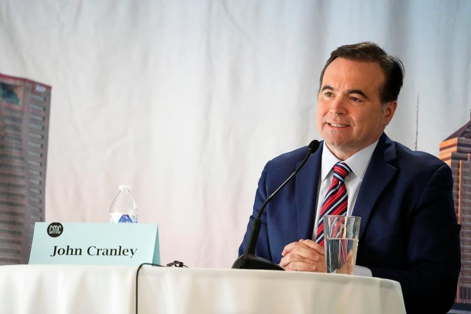 Democratic gubernatorial candidates John Cranley speaks during a debate with Nan Whaley inside the The Boat House at Confluence Park in Columbus on April 20.