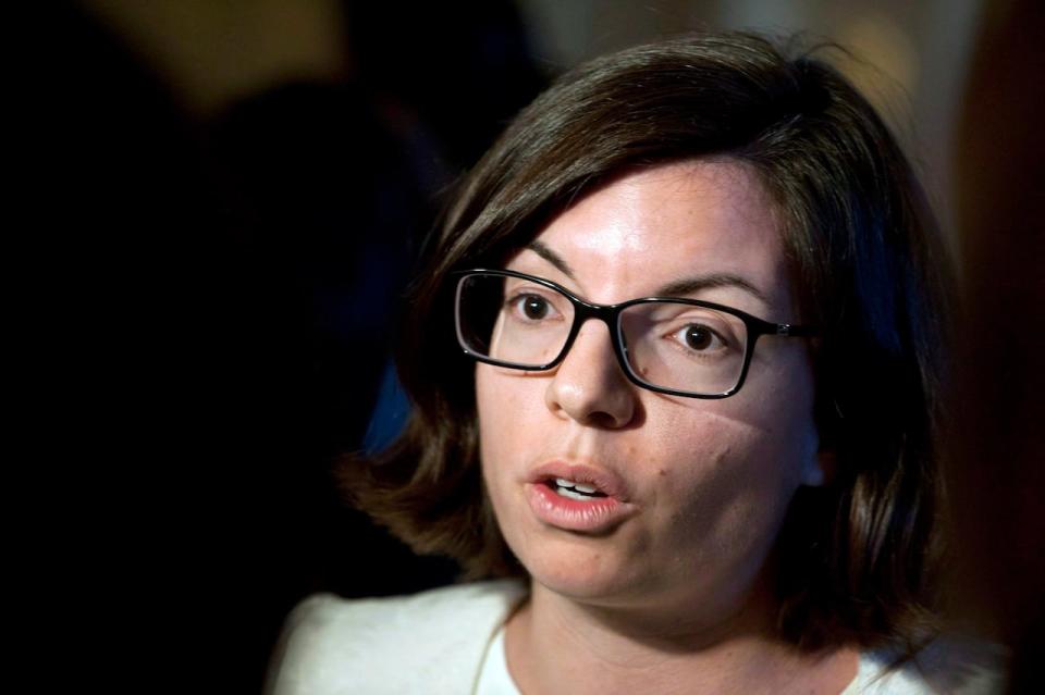 NDP MP Niki Ashton addresses the media at a national caucus strategy session on Tuesday, September 10, 2013 in Saskatoon. Ashton is refusing to categorically state whether she wants Tom Mulcair to stay on as party leader. 