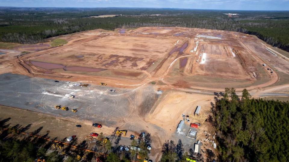 Construction is underway at the site of VinFast’s electric vehicle assembly plant in Moncure on Thursday, Jan. 4, 2023.