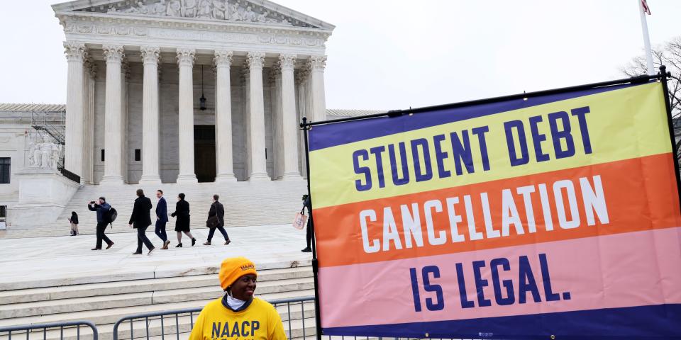 Student-loan borrowers and advocates gather for the People's Rally for Student Debt Cancellation on February 28 in Washington, DC.