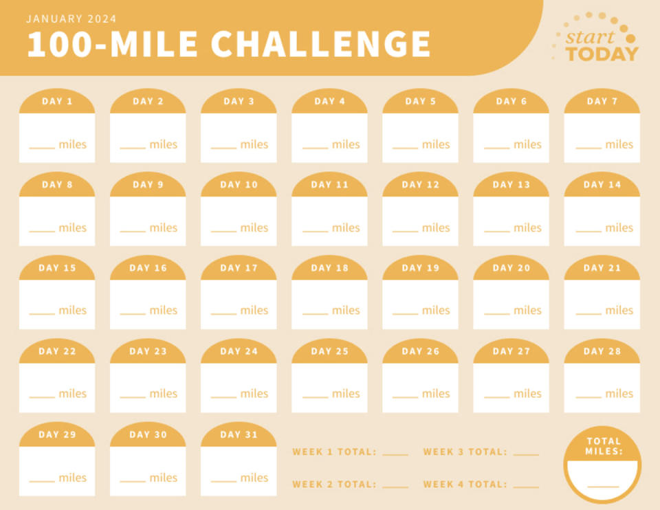 Start TODAY 100-mile challenge walking calendar