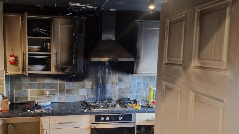 The fire-damaged kitchen