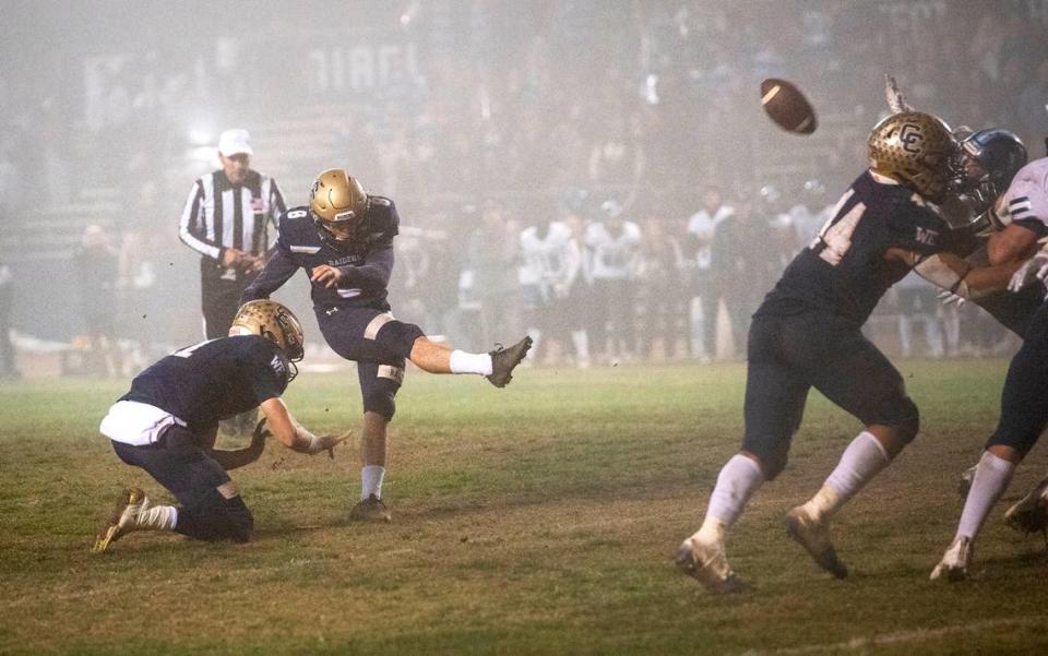 Central Catholic’s Anthony Wildenberg kicks field goal during the CIF Division II Northern California Regional Championship game with Bullard (Fresno) at Central Catholic High School in Modesto, Calif., Dec. 3, 2021.