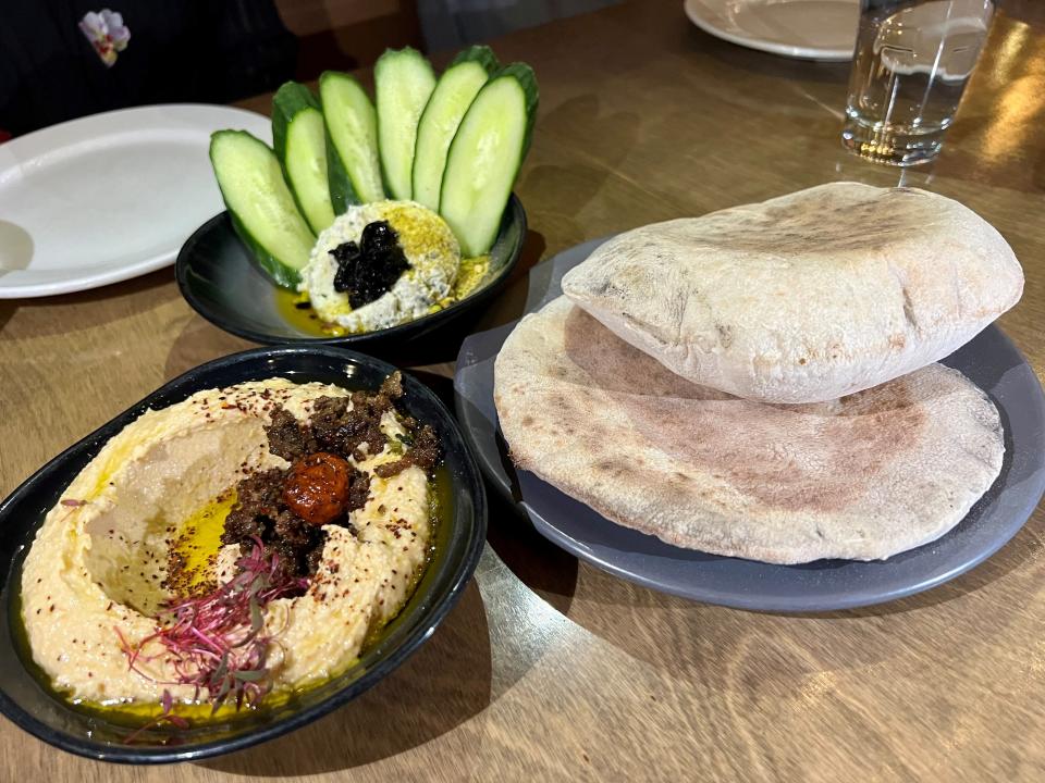 Hummus, whipped feta and fresh pita at Lyra in East Nashville on Aug. 31, 2023