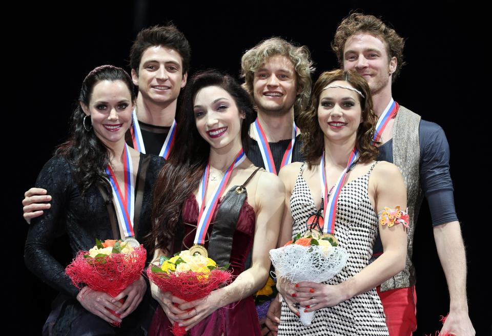 SOCHI, RUSSIA - DECEMBER 08: (L-R) Tessa Virtue and Scott Moir of Canada with their silver medals, Meryl Davis and Charlie White of USA with their gold medals and Nathalie Pechalat and Fabian Bourzat of France with their bronze medals after the Ice Dance Free Dance during the Grand Prix of Figure Skating Final 2012 at the Iceberg Skating Palace on December 8, 2012 in Sochi, Russia. (Photo by Julian Finney/Getty Images)