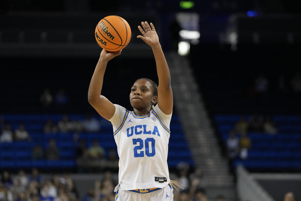 UCLA guard Charisma Osborne shoots during the second half of an NCAA college basketball game against Washington State, Sunday, Jan. 28, 2024, in Los Angeles. (AP Photo/Ryan Sun)