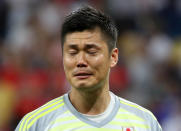 <p>Russia – July 2, 2018 Japan’s Eiji Kawashima looks dejected after the match REUTERS/Marko Djurica </p>