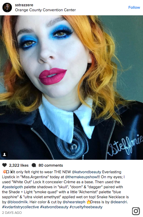 Several bold Kat Von D Everlasting Liquid Lipstick shades, like a bright purple and a gray, made an early appearance at The Makeup Show Orlando.