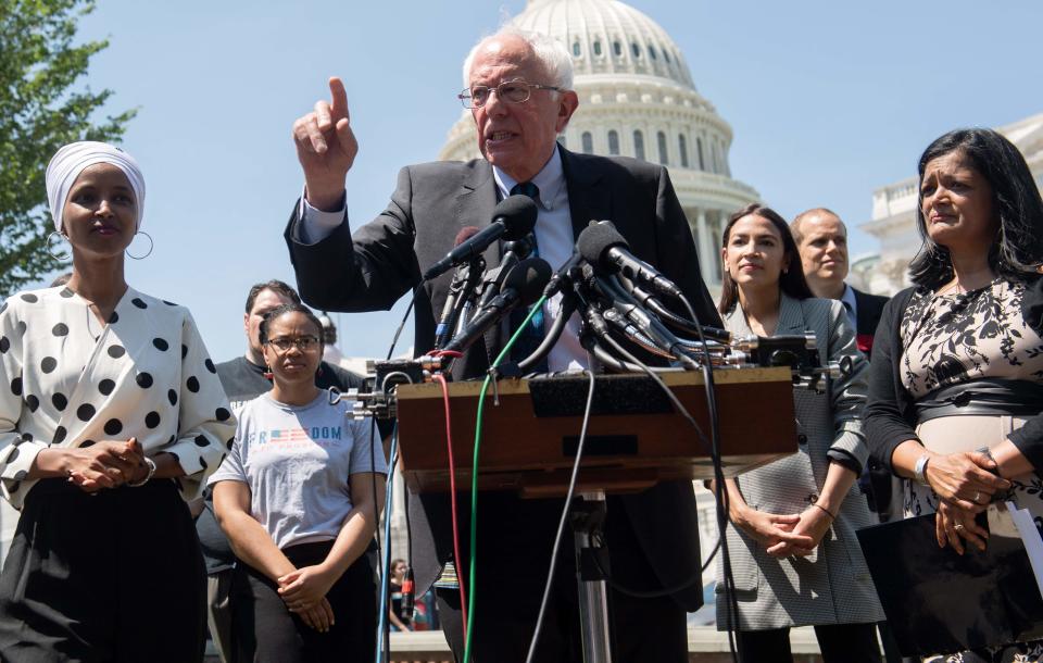 From left, Rep. Ilhan Omar, Sen. Bernie Sanders,  Rep. Alexandria Ocasio-Cortez and Rep. Pramila Jayapal introduce the college proposal on June 24, 2019.