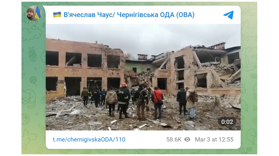Imagen del mensaje en Telegram muestra el edificio de una escuela parcialmente destruido