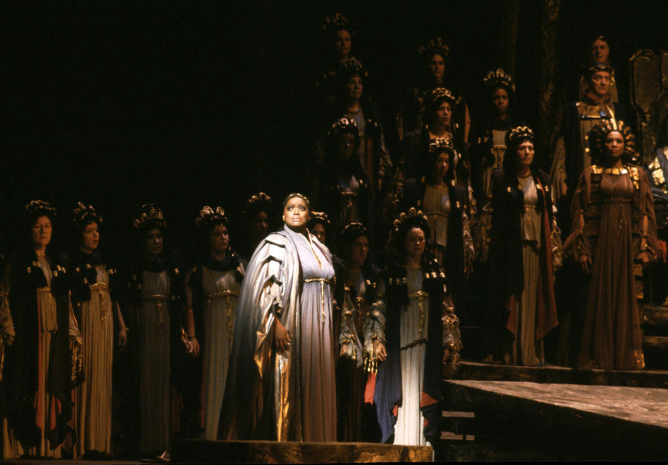 This 1983 photo released by the Metropolitan Opera shows soprano Jessye Norman as Cassandre in Berlioz' "Les Troyens," the role of her Metropolitan Opera debut in New York. Norman died, Monday, Sept. 30, 2019, at Mount Sinai St. Luke’s Hospital in New York. She was 74. (Metropolitan Opera via AP)
