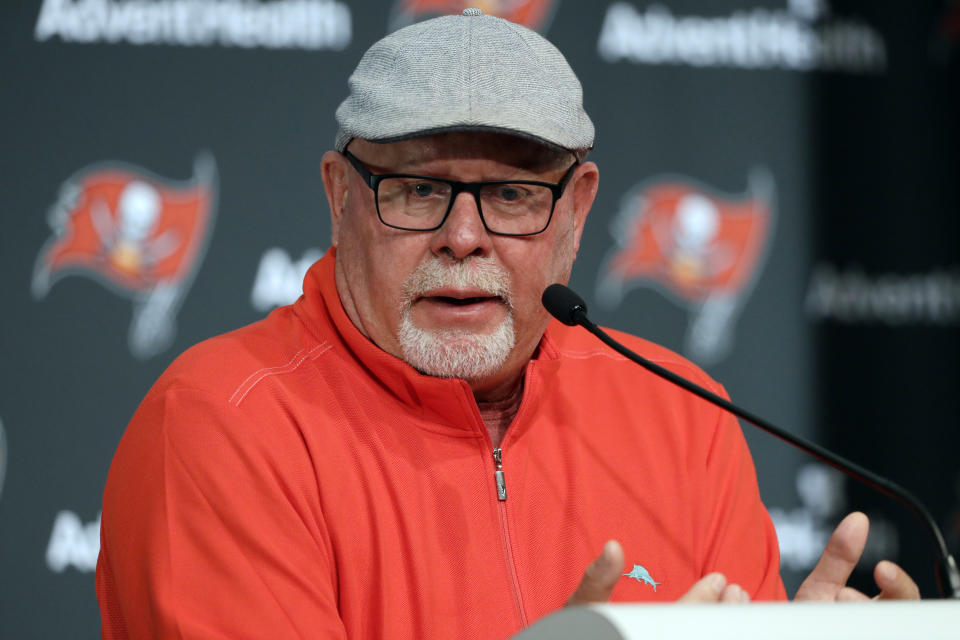FILE - In this Dec. 30, 2019, file photo, Tampa Bay Buccaneers head coach Bruce Arians speaks during an end of season NFL football news conference in Tampa, Fla. Arians didn’t give much thought to the prospect of opting out of trying to help Tom Brady win a Super Bowl with the Tampa Bay Buccaneers. The 67-year-old whose aggressive offensive philosophy is dubbed “no risk it, no biscuit” is one of the oldest head coaches in the NFL, as well as a cancer survivor who once retired because of health concerns. (AP Photo/Chris O'Meara, File)