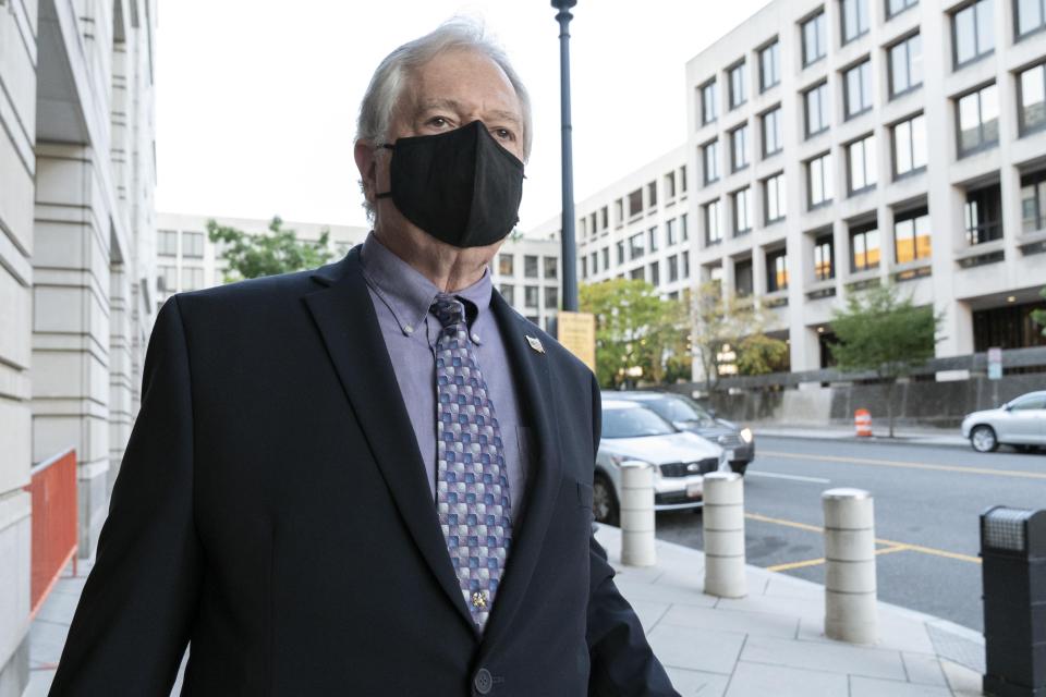 FILE - Thomas Caldwell of Berryville, Va., a defendant charged with seditious conspiracy in one of the most serious cases to emerge from the Jan. 6, 2021 attack on the U.S. Capitol, arrives at the Federal Courthouse in Washington, Oct. 6, 2022. The seditious conspiracy trial against Rhodes and four associates is raising fresh questions about intelligence failures in the run-up to Jan. 6, 2021, that appear to have allowed Rhodes’ antigovernment group and other extremists to mobilize in plain sight. (AP Photo/Jose Luis Magana)