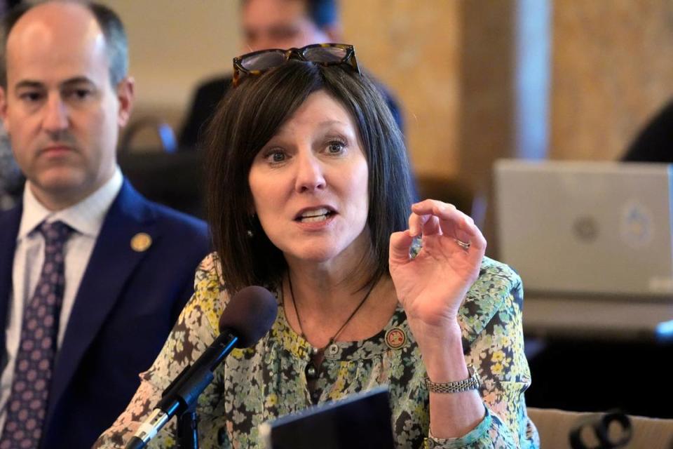 Mississippi House Medicaid Committee Chairwoman Rep. Missy McGee, R-Hattiesburg, right, asks a question of the representatives from the Hilltop Institute, a nonpartisan research organization, who presented a brief on the economic impact of Medicaid expansion in Mississippi.