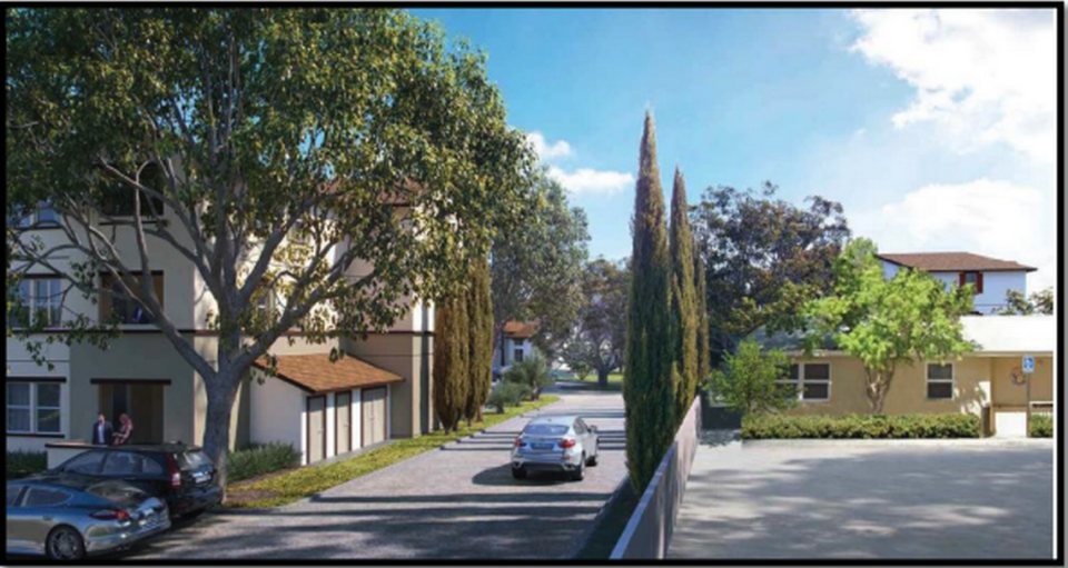 A rendering shows the Rolling Hills Apartment Project, a 135-unit multifamily housing complex at the intersection of Creston Road and Rolling Hills Road.