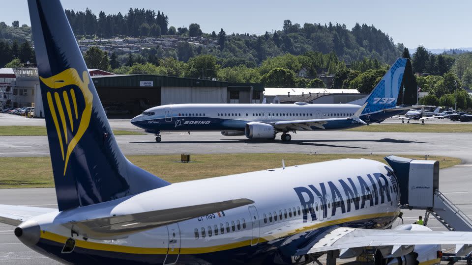 A Boeing 737 MAX 10 airliner pauses on the runway before its first flight at Renton Municipal Airport on June 18, 2021 in Renton, Washington. The 737 MAX 10 is Boeing's newest model since regulators cleared the 737 MAX to fly again in November 2020. - Stephen Brashear/Getty Images