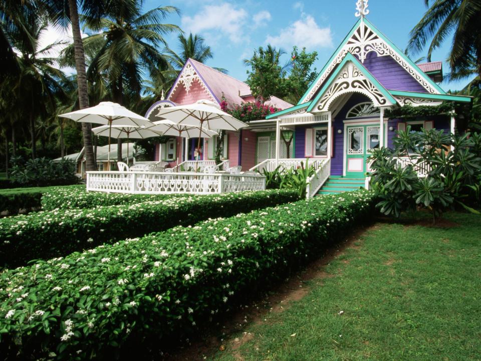 Pink and purple gingerbread-style houses in Mustique.