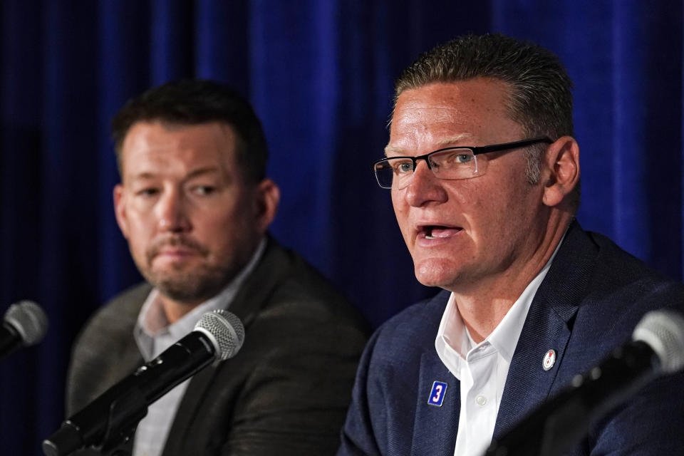 Buffalo Bills head athletic trainer Nate Breske, left, and associate head athletic trainer Denny Kellington, described their experience when Damar Hamlin suffered a cardiac arrest during an NFL football game in January, during a panel discussion at the National Athletic Trainers' Association meeting in Indianapolis, Thursday, June 22, 2023. Breske and Kellington say they stuck to their pre-planned treatment plan and now they're encouraging schools and youth leagues to also make their own potentially life-saving plans. (AP Photo/Michael Conroy)